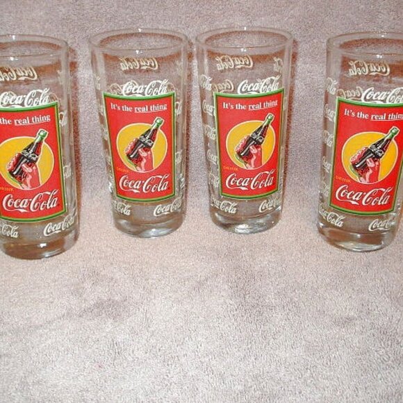 VTG Set Of 4 COCA-COLA Glass TUMBLERS Glasses ICONIC The Real Thing RETRO 16 oz - Picture 1 of 9